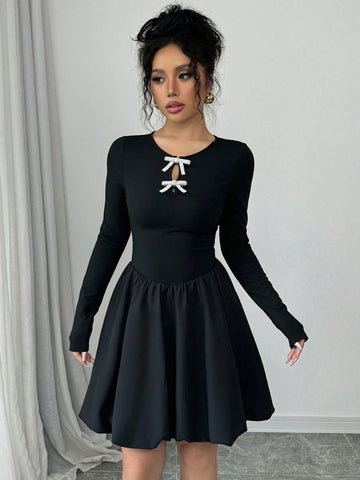 Women's Fashion Elegant Cinched Waist Bow Decor Peplum Dress