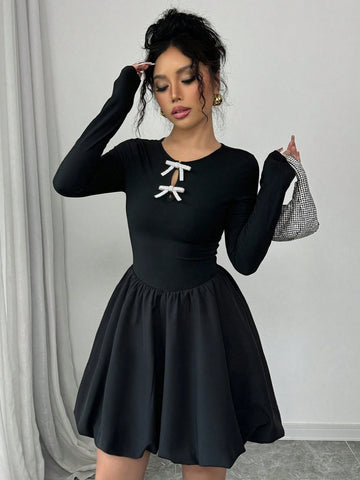 Women's Fashion Elegant Cinched Waist Bow Decor Peplum Dress