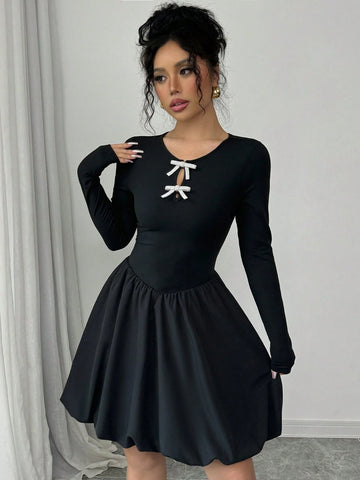 Women's Fashion Elegant Cinched Waist Bow Decor Peplum Dress