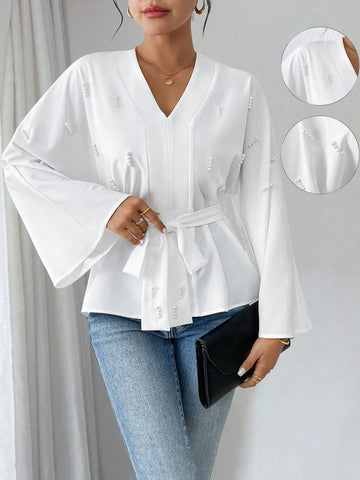 Privé Women's Fashion Faux Pearl Decor Flare Sleeve Elegant Blouse