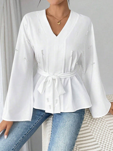 Privé Women's Fashion Faux Pearl Decor Flare Sleeve Elegant Blouse