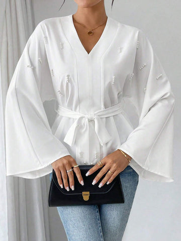 Privé Women's Fashion Faux Pearl Decor Flare Sleeve Elegant Blouse