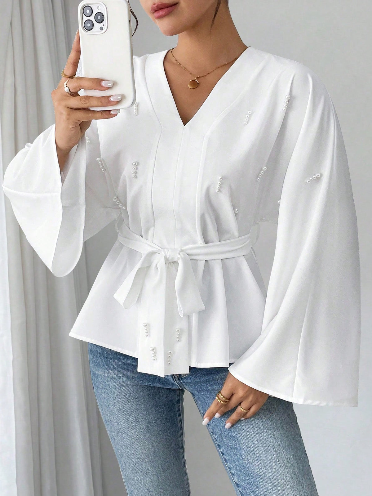 Privé Women's Fashion Faux Pearl Decor Flare Sleeve Elegant Blouse