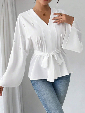 Privé Women's Fashion Faux Pearl Decor Flare Sleeve Elegant Blouse