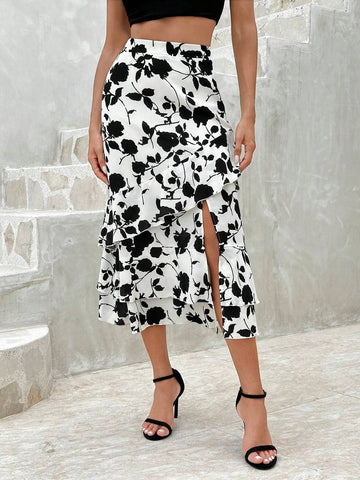 Privé Women's Fashion Printed Ruffle Hem Asymmetrical Skirt