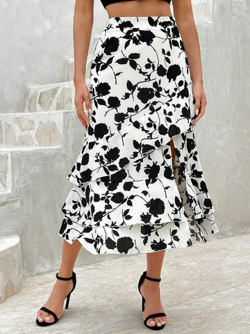 Privé Women's Fashion Printed Ruffle Hem Asymmetrical Skirt