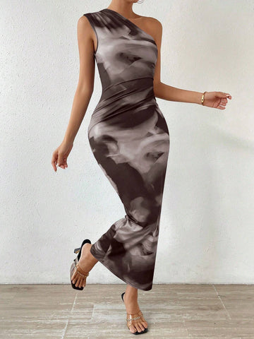 Women's Fashion Semi-Formal Dress With Random Cutting And Ink Printing