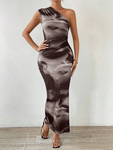 Women's Fashion Semi-Formal Dress With Random Cutting And Ink Printing