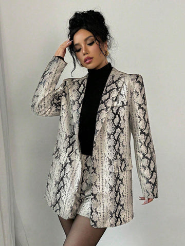 Women's Fashion Snake Skin Print Suit Jacket And Shorts Set