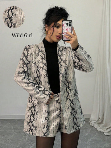 Women's Fashion Snake Skin Print Suit Jacket And Shorts Set