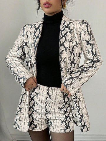 Women's Fashion Snake Skin Print Suit Jacket And Shorts Set