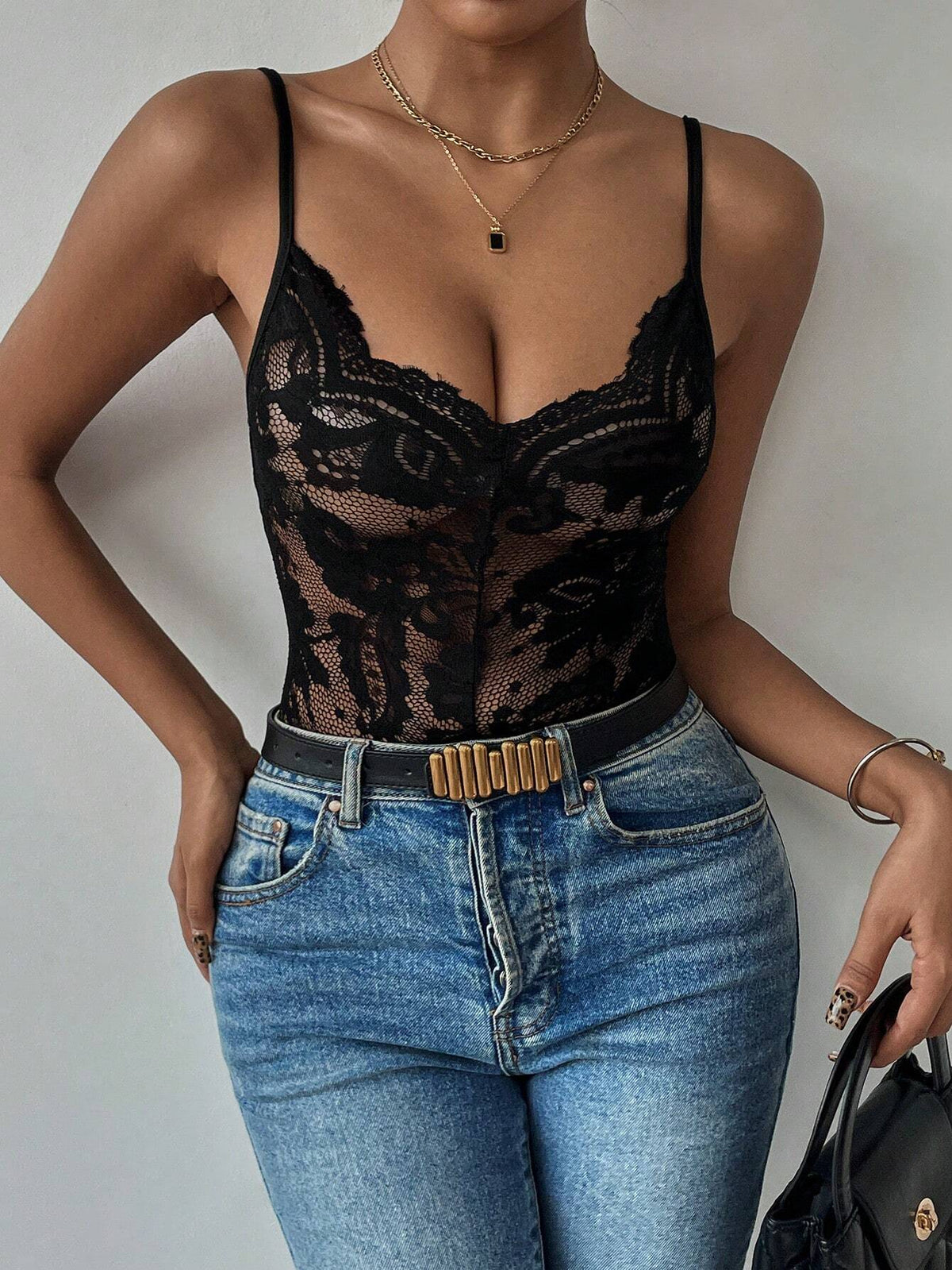 Women's Fashion Solid Color See-Through Sexy Lace Bodysuit