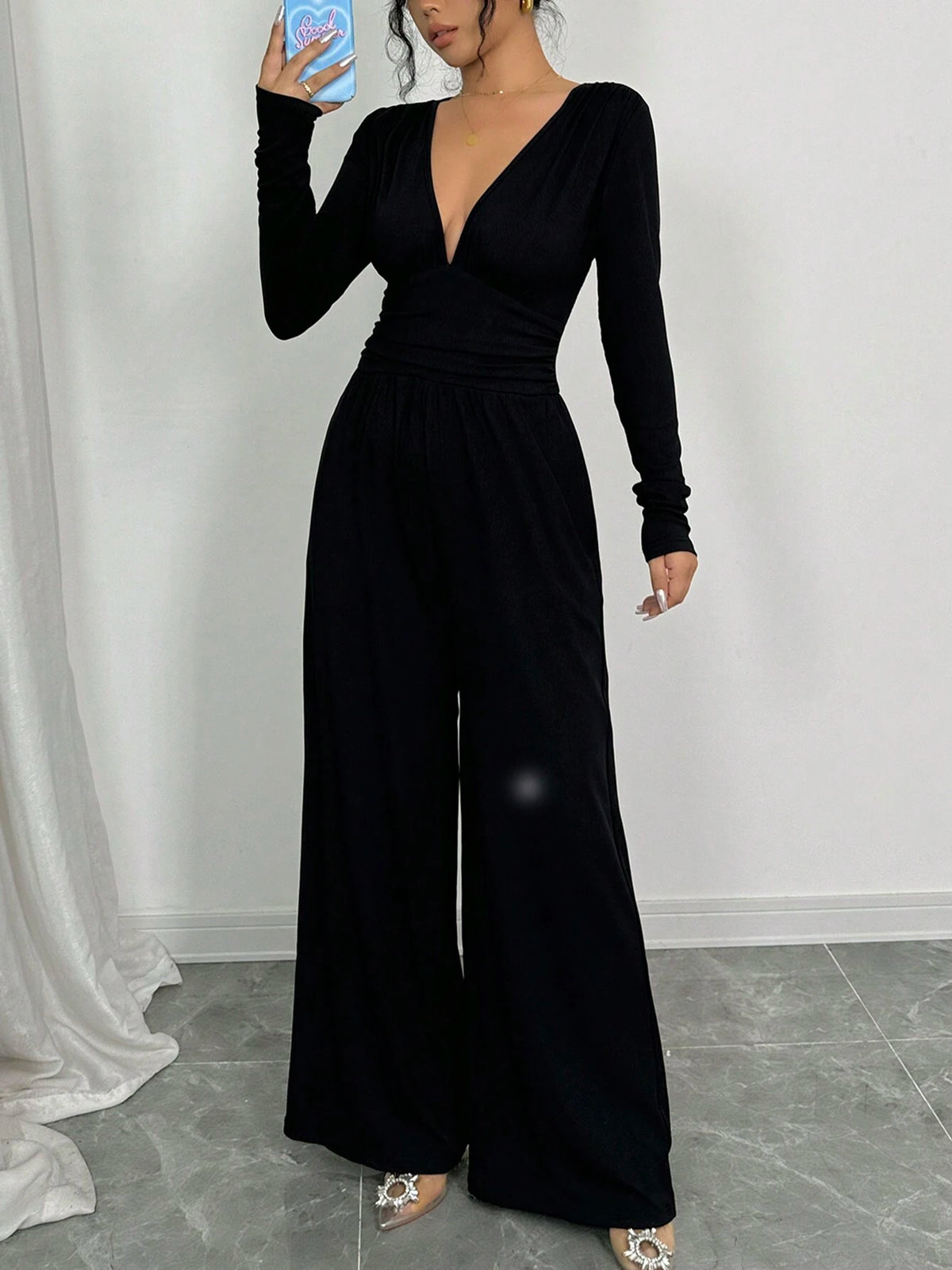 Women's Fashionable Black Jumpsuit, With Long Sleeves, Textured Fabric, Pleated Accents, Wide Leg Pants, Autumn