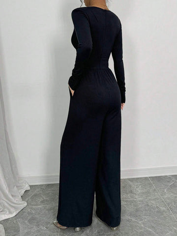 Women's Fashionable Black Jumpsuit, With Long Sleeves, Textured Fabric, Pleated Accents, Wide Leg Pants, Autumn