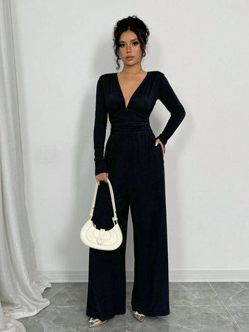 Women's Fashionable Black Jumpsuit, With Long Sleeves, Textured Fabric, Pleated Accents, Wide Leg Pants, Autumn