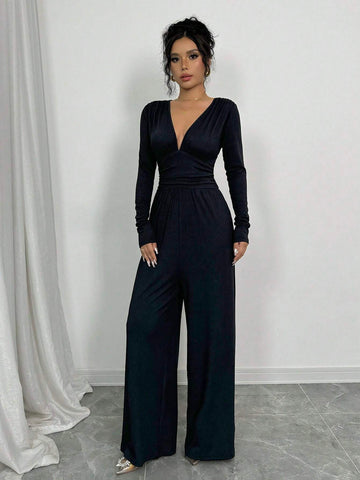 Women's Fashionable Black Jumpsuit, With Long Sleeves, Textured Fabric, Pleated Accents, Wide Leg Pants, Autumn