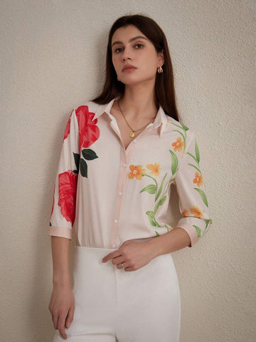 Privé Women's Fashionable Floral Shirt, Mature Style With Large Flowers, Turn-Down Collar And Seven-Point Sleeves