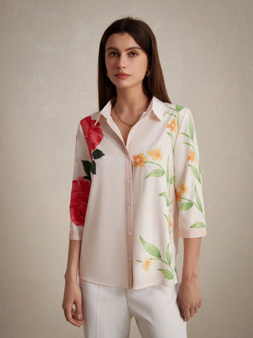 Privé Women's Fashionable Floral Shirt, Mature Style With Large Flowers, Turn-Down Collar And Seven-Point Sleeves
