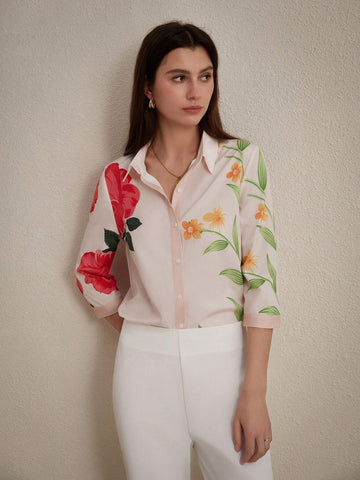 Privé Women's Fashionable Floral Shirt, Mature Style With Large Flowers, Turn-Down Collar And Seven-Point Sleeves