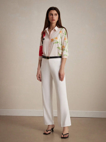 Privé Women's Fashionable Floral Shirt, Mature Style With Large Flowers, Turn-Down Collar And Seven-Point Sleeves