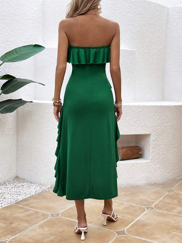 Women's Fashionable Green Pleated Strapless Dress