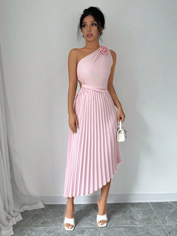 Women's Fashionable Hollow Out Waist Pleated Dress With Flower Decoration