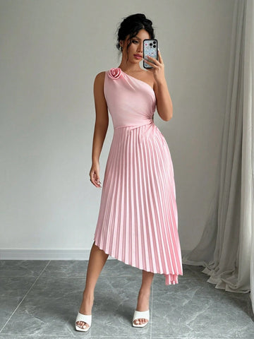 Women's Fashionable Hollow Out Waist Pleated Dress With Flower Decoration
