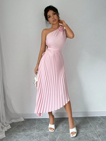 Women's Fashionable Hollow Out Waist Pleated Dress With Flower Decoration