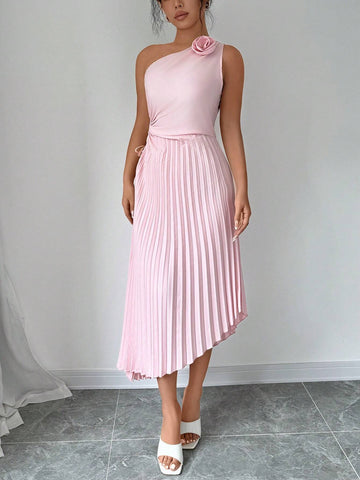 Women's Fashionable Hollow Out Waist Pleated Dress With Flower Decoration