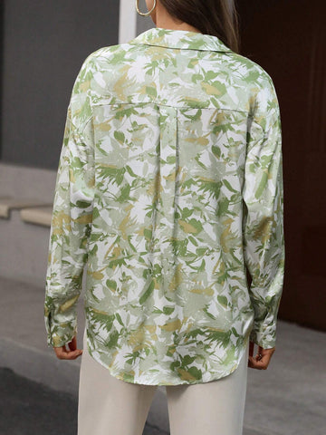 Privé Women's Fashionable Long Sleeve Shirt With Random Watercolor Leaf Print, Autumn/Winter