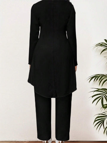 Women's Fashionable Pure Color High Waist Top & Straight Leg Trouser Set