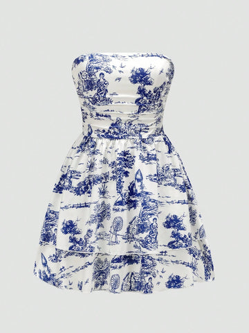 Women's Fashionable Random Printed Strapless Dres