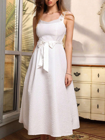 Women's Fashionable Solid Color A-Line Sleeveless Dress With Cinched Waist, Euro-Asian Style