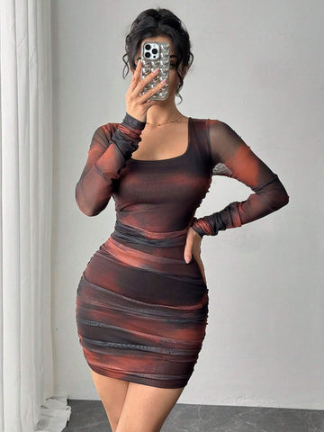 Women's Fashionable Tie-Dye Shirred Mini Dress, Bodycon Style, Autumn