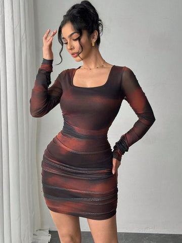 Women's Fashionable Tie-Dye Shirred Mini Dress, Bodycon Style, Autumn