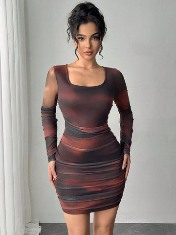 Women's Fashionable Tie-Dye Shirred Mini Dress, Bodycon Style, Autumn