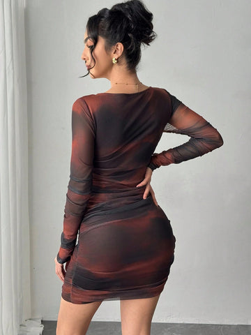 Women's Fashionable Tie-Dye Shirred Mini Dress, Bodycon Style, Autumn