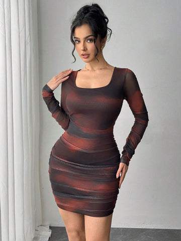 Women's Fashionable Tie-Dye Shirred Mini Dress, Bodycon Style, Autumn