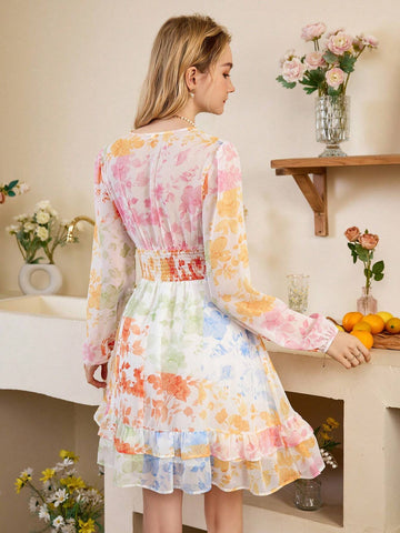 Women's Fashionable V-Neck Multicolor Random Printed Maxi Dress