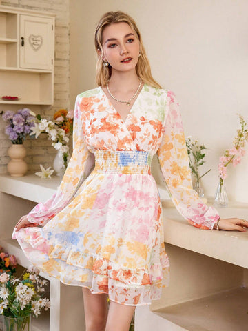 Women's Fashionable V-Neck Multicolor Random Printed Maxi Dress