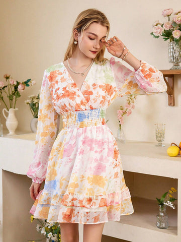 Women's Fashionable V-Neck Multicolor Random Printed Maxi Dress