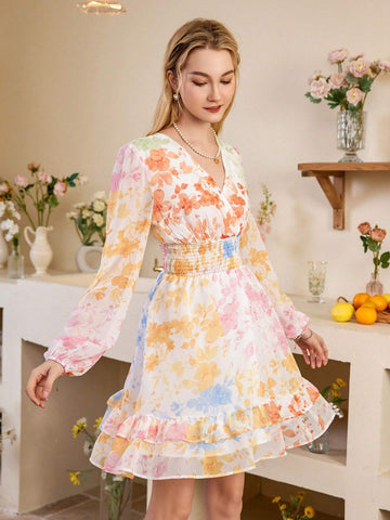Women's Fashionable V-Neck Multicolor Random Printed Maxi Dress