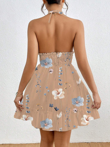 Women's Floral Print Halter Backless Sleeveless Dress