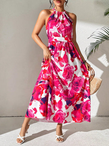 Women's Floral Print Halter Neck Vacation Style Dress