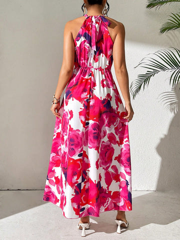 Women's Floral Print Halter Neck Vacation Style Dress