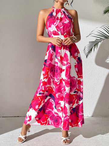 Women's Floral Print Halter Neck Vacation Style Dress