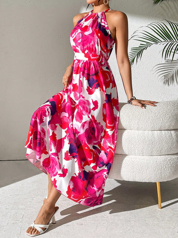 Women's Floral Print Halter Neck Vacation Style Dress