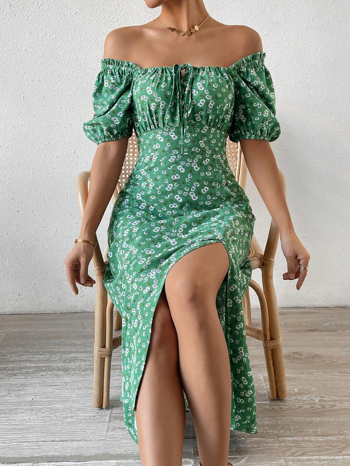 Women's Floral Print High Slit Off Shoulder Dress