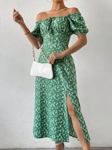 Women's Floral Print High Slit Off Shoulder Dress