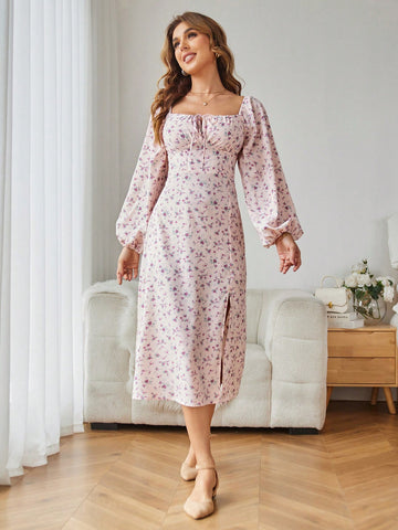 Women's Floral Print Lantern Sleeve Dress